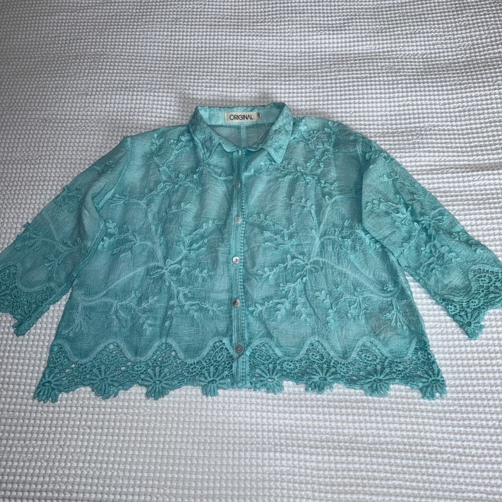 Embroidered Crochet Floral Blouse Womens L Blue Gauze Boho Button Top 3/4 Sleeve